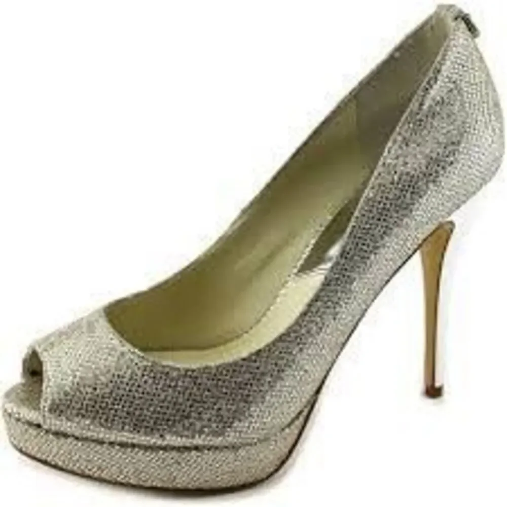 Michael Kors Size 8.5 York Platform Peep Toe Heels Silver Glitter Metallic Glam